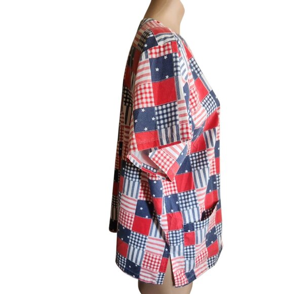 Womens Patriotic Patchwork Red White and Blue Scrub Top Front Pockets Size M - Picture 5 of 8